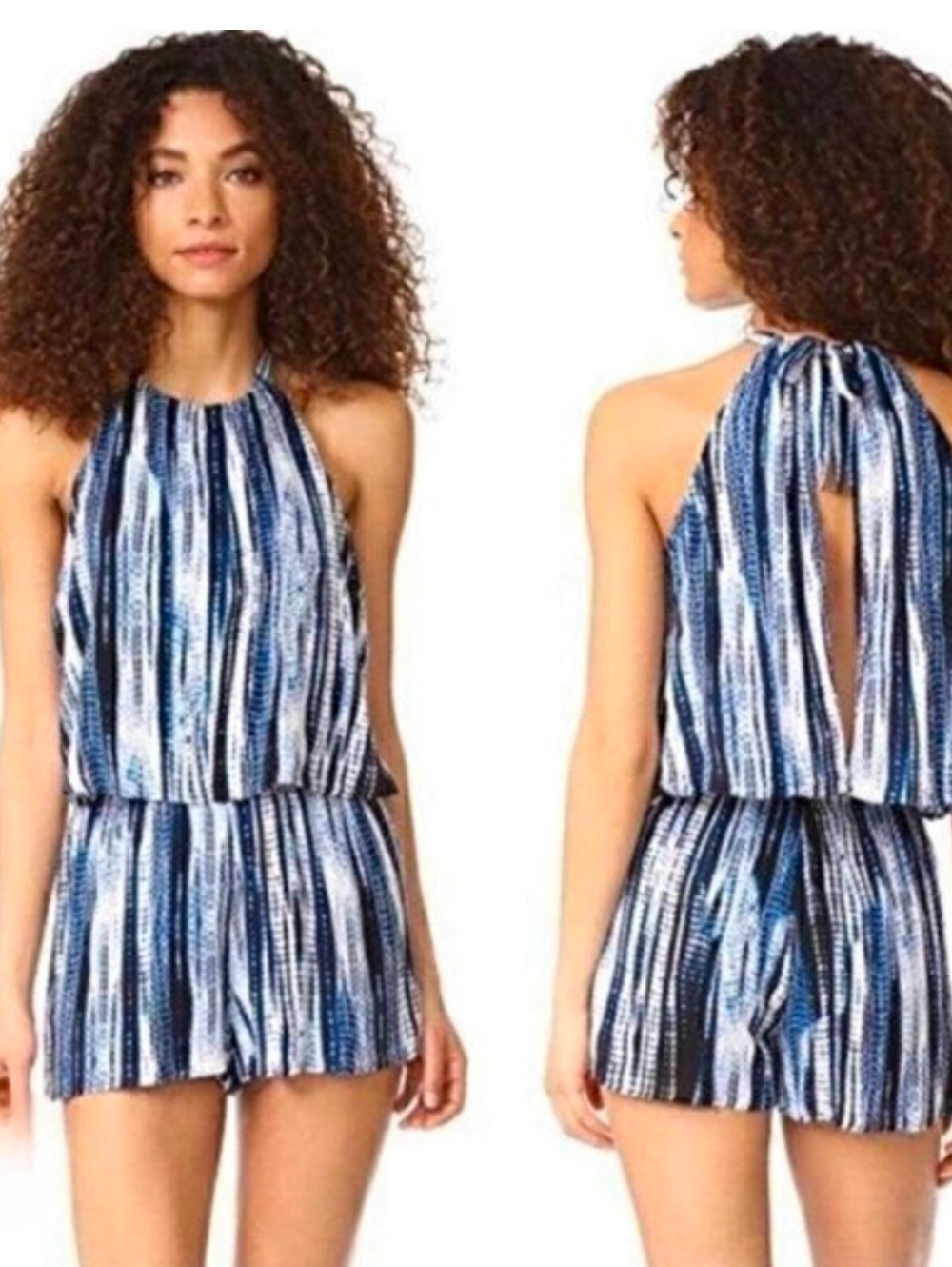 Cupcakes And Cashmere Cari Blue & White Striped Halter Romper, XS